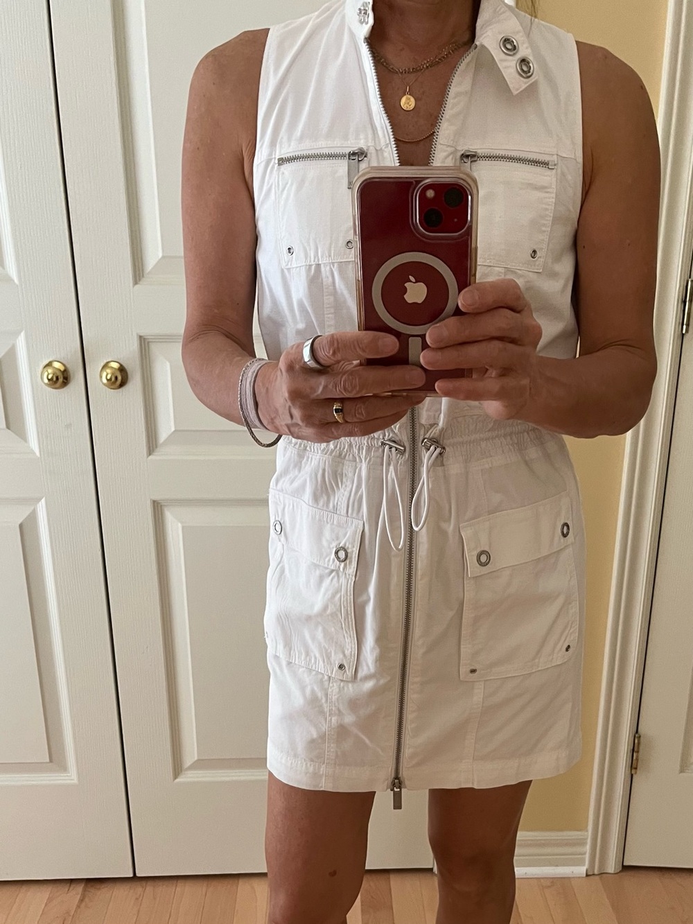 Armani Exchange White Sleeveless Drawstring Zip Front Utility Dress